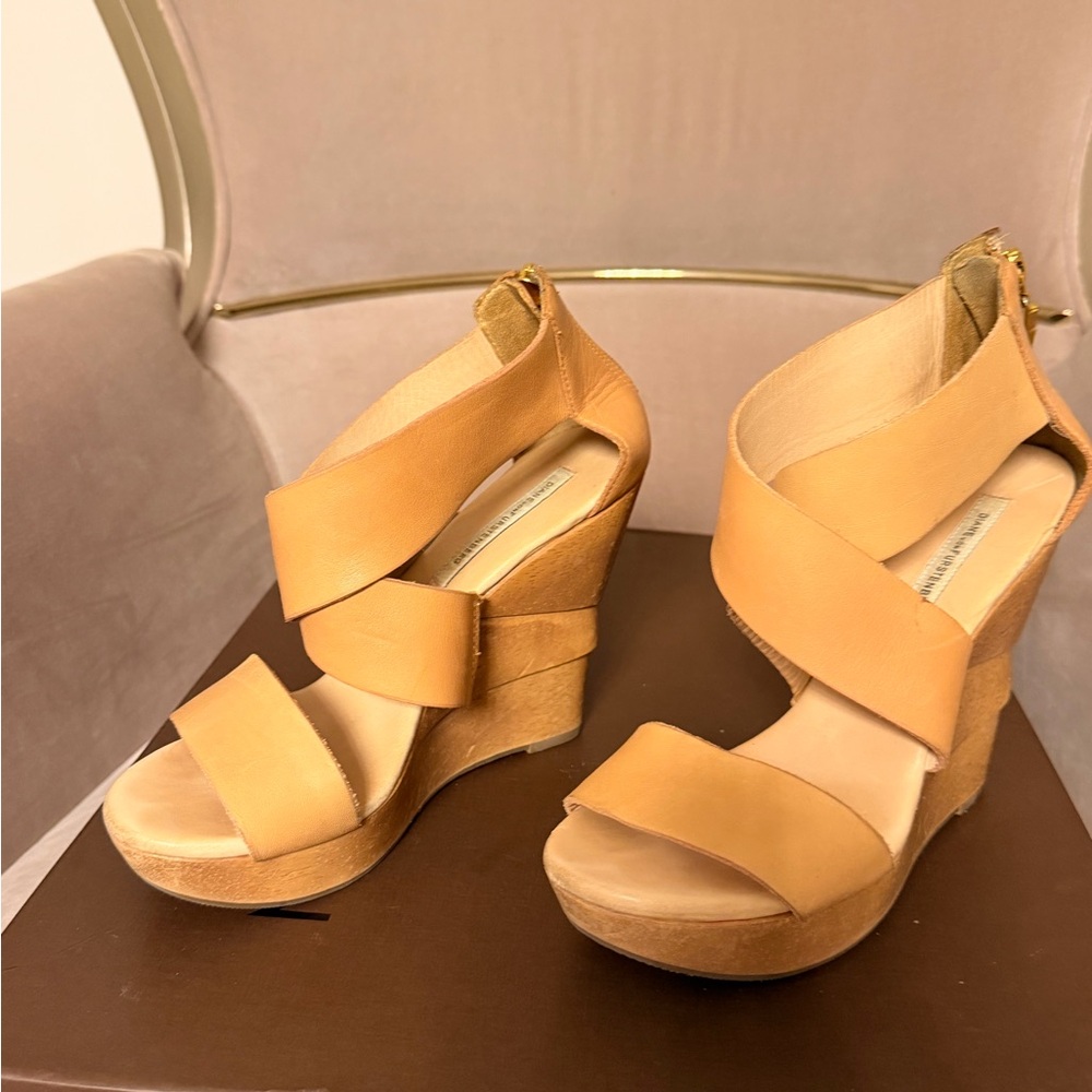 Diane Von Furstenberg Opal Crisscross Wooden Wedge Sandals in Camel Leather